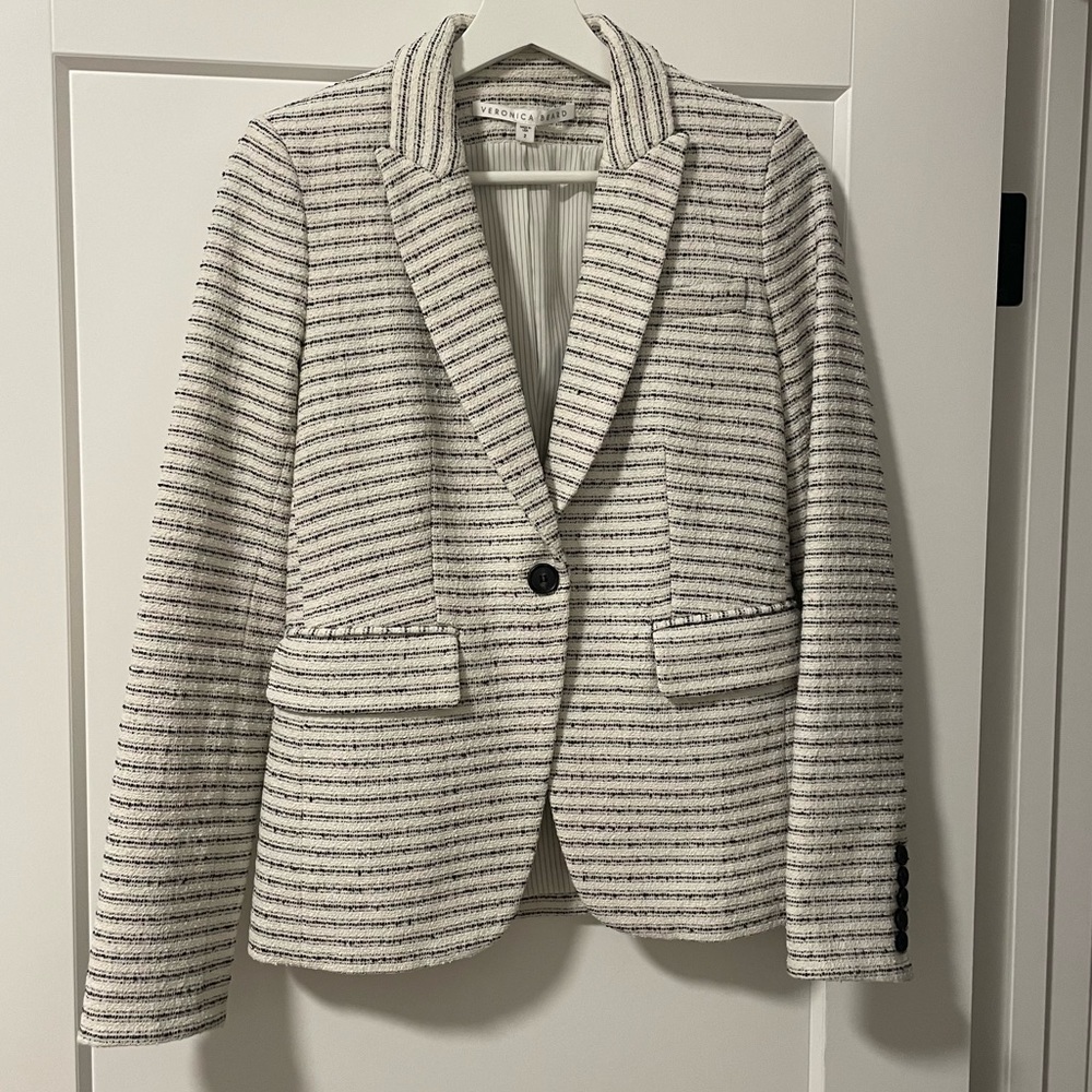 Veronica Beard White and Black Striped Tweed Blazer